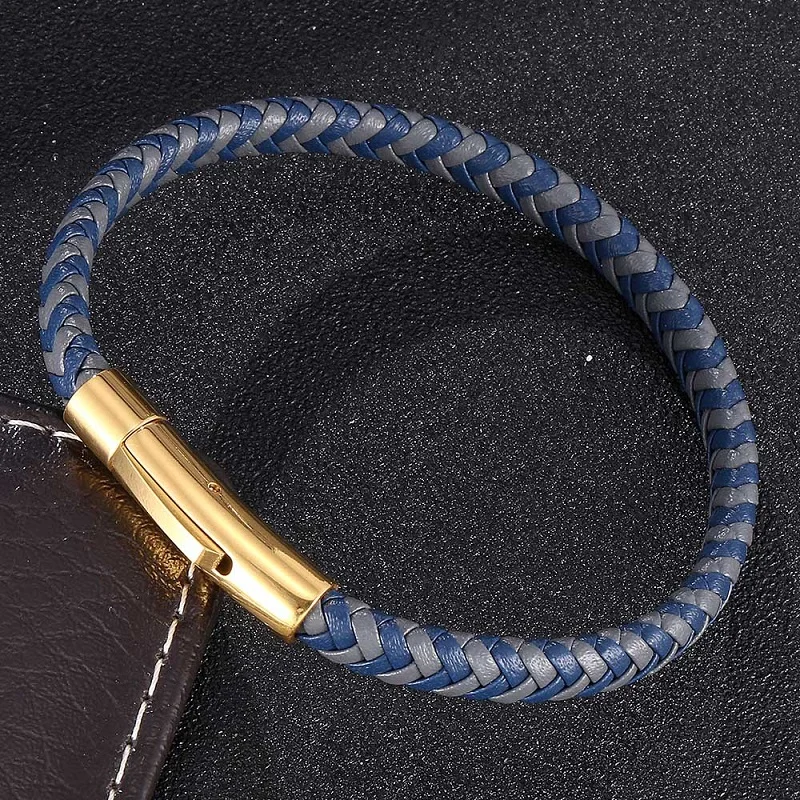 Простой синий серый кожаный плетеный браслет унисекс модный из нержавеющей