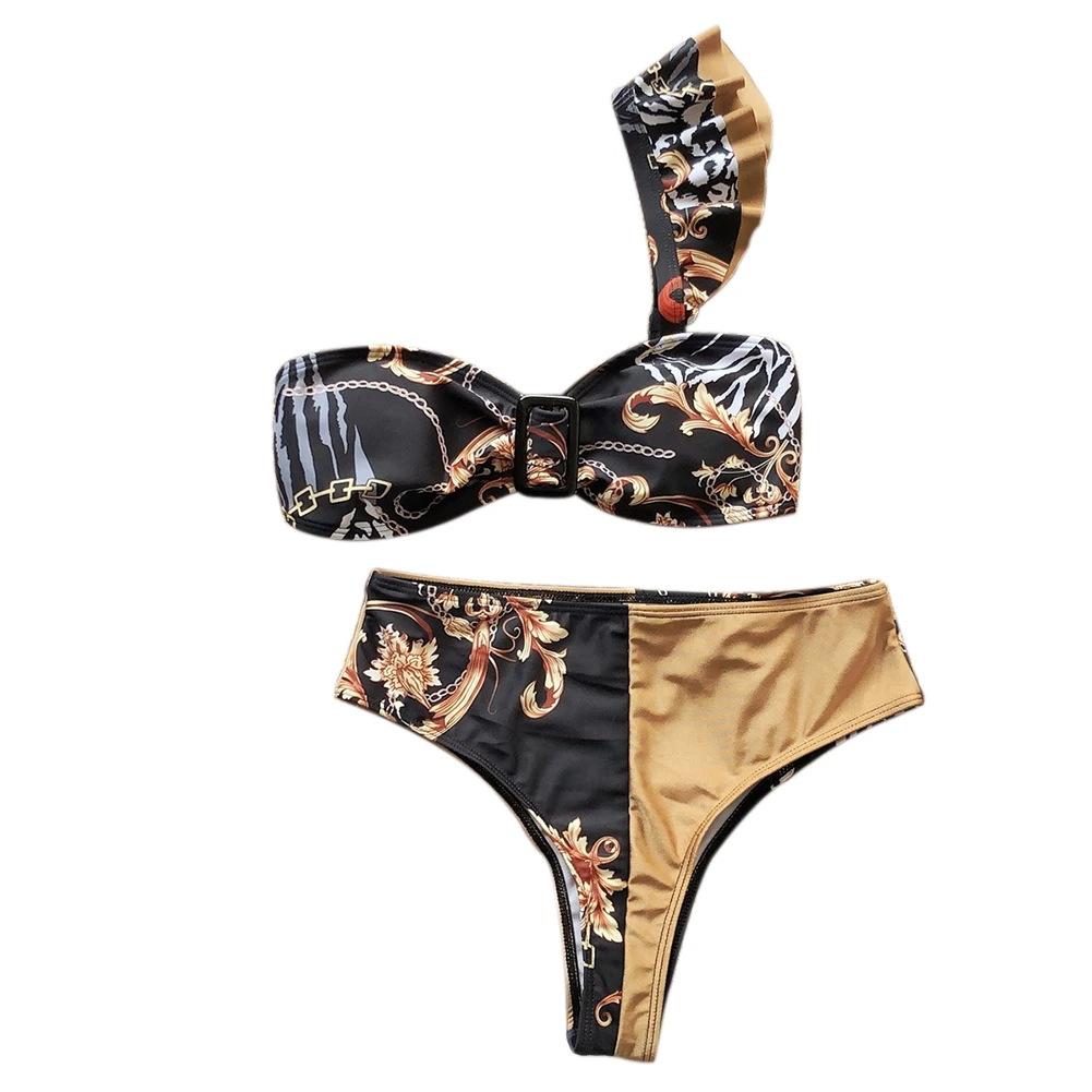 Женский сексуальный комплект бикини на одно плечо с лоскутным принтом высокой