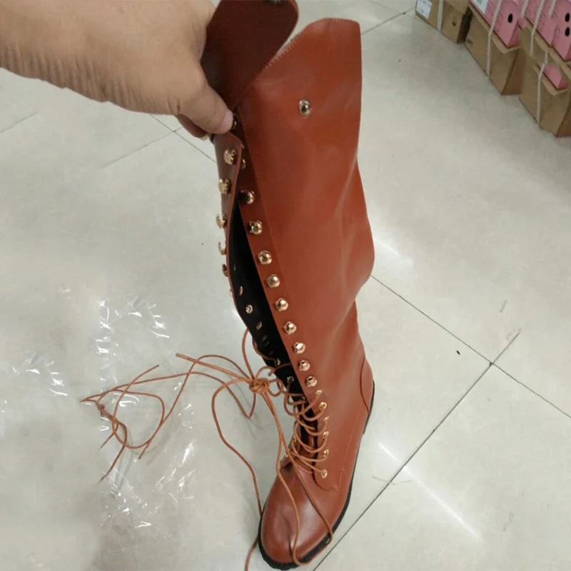 Женские сапоги до колена в стиле ретро на шнуровке из высококачественной