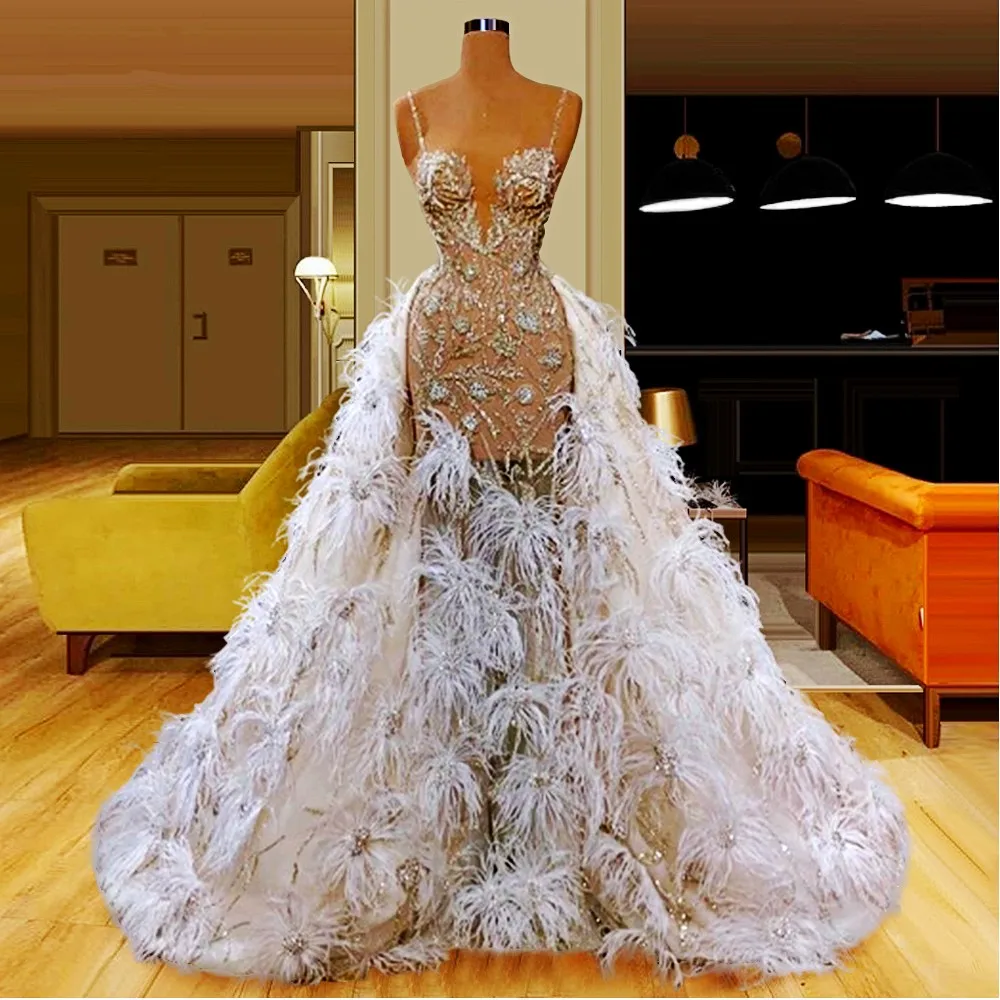 Feathers See Through Overskirts Prom Dresses Spaghetti Straps Beads Sequins Illusion Mermaid Evening Dress Celebrity Party Gown