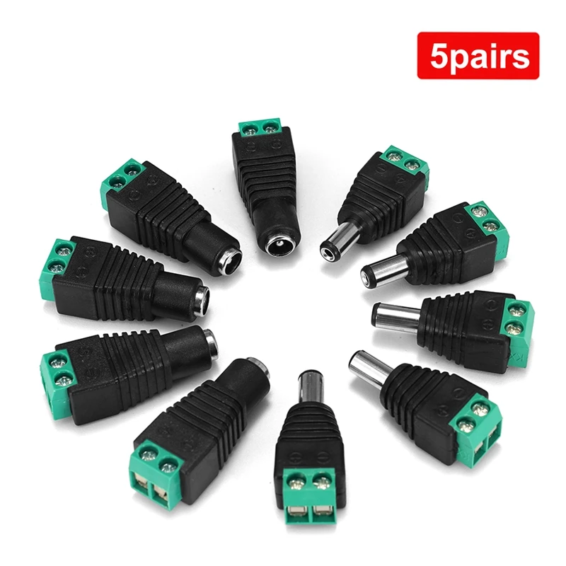 

5pcs DC Power Jack Plug Adapter Connector 5.5x2.1mm Male FeMale Connectors For LED Strip Lighting Solar Power Lamp Solar Panel