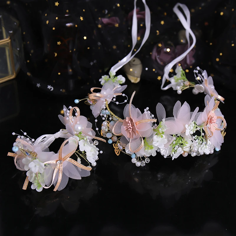 2 Pcs Pink White Flower Veil Headbands Bracelet Set Pearl Crystal Hair Hand Vines Butterfly Ribbon Wedding Gold Hair Accessories