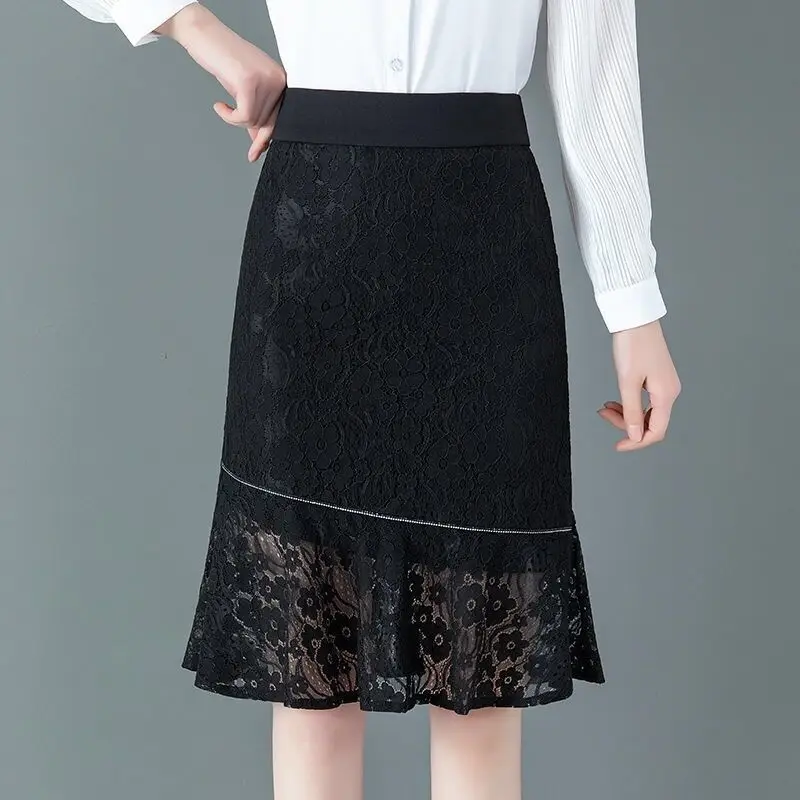

2021 Summer New Ladies High Waist Black Lace Slim A- Line Skirt Ruffled Fishtail Hip Skirt
