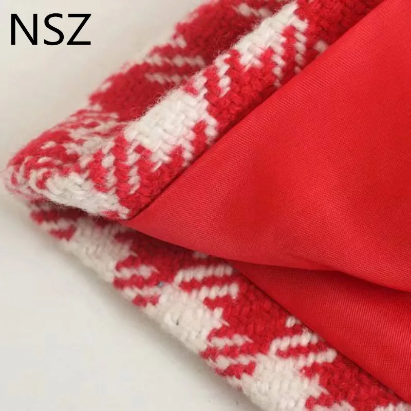 NSZ женский красный твидовый в клетку пальто с длинным рукавом клетчатое шерстяное пальто Зимняя длинная верхняя одежда