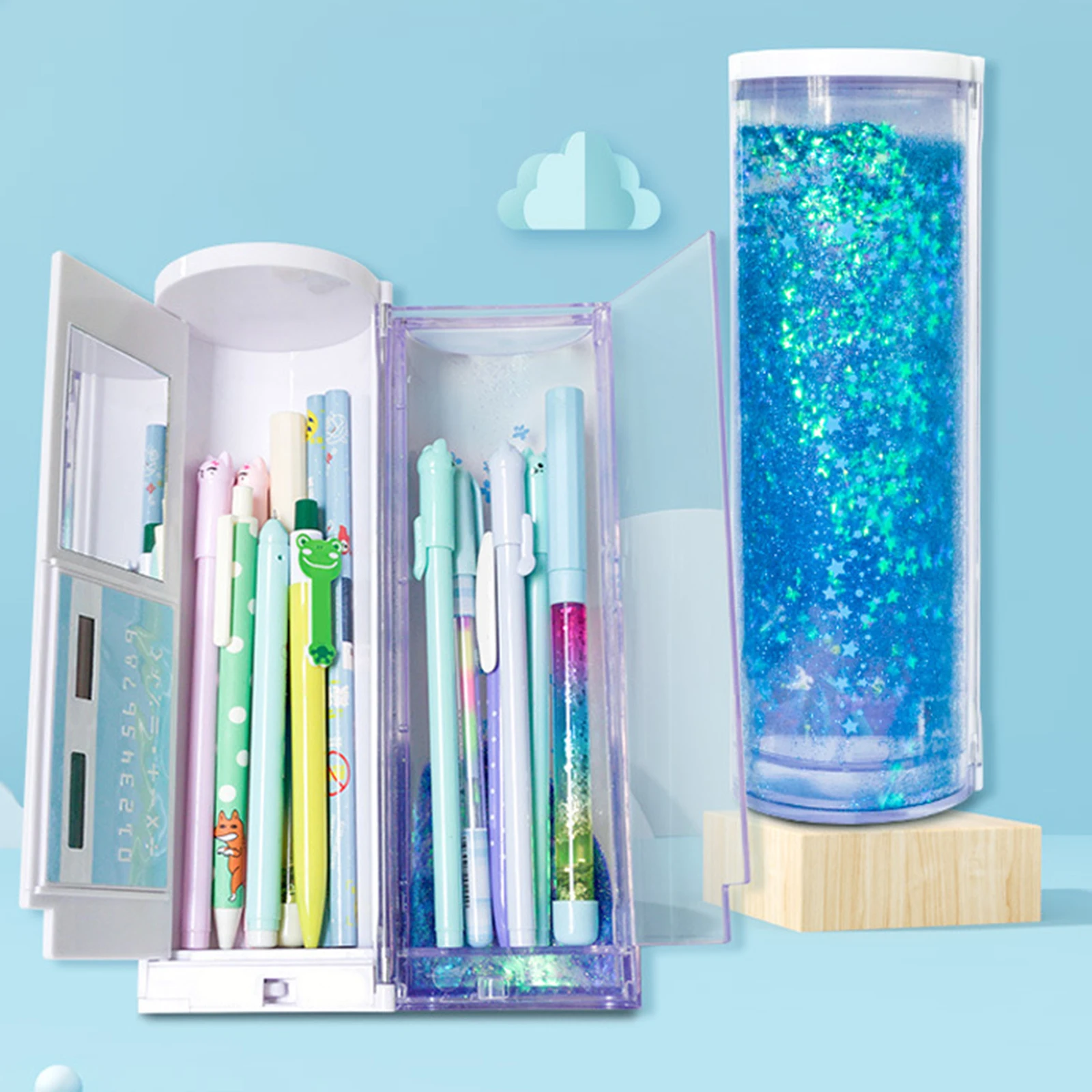 

Liquid Quicksand Stationery Box Translucent Multi Functional Case with Mechanical Lock Cylindrical School Pen Organizer
