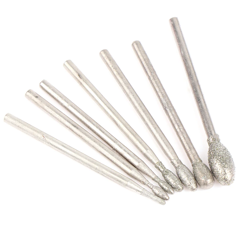 

7PCS Diamond Grinding Head Burrs Bits 2.35mm Shank Jade Stone Polishing Tool Carving Polishing Engraving Tool