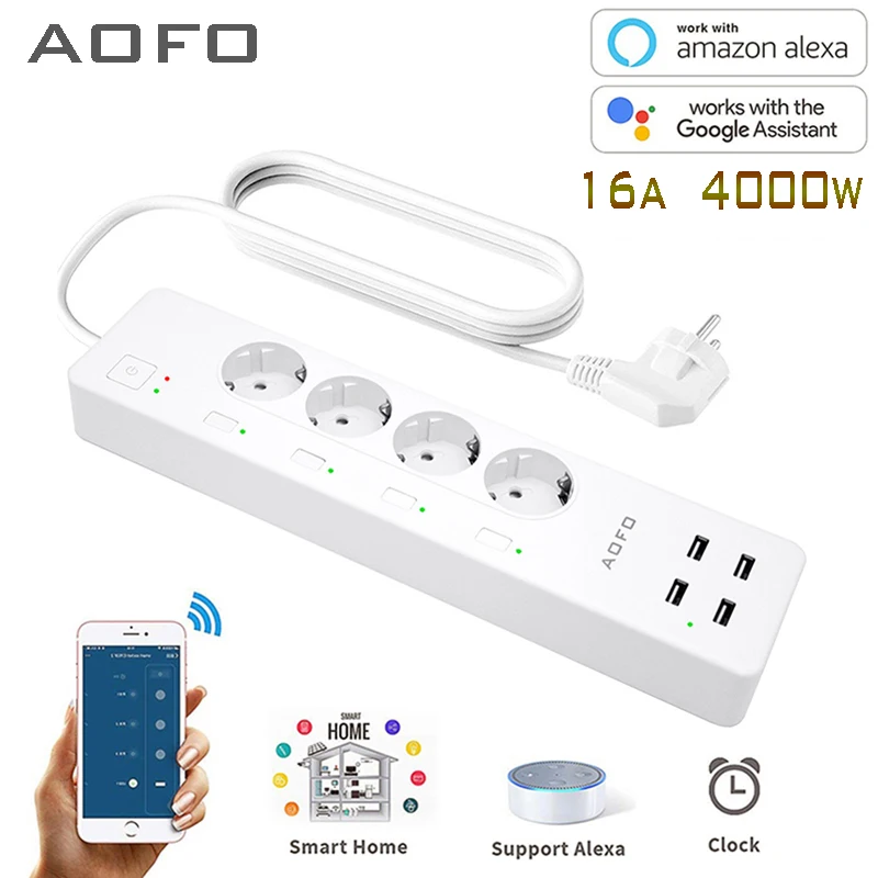 AOFO Smart Power Strip Surge Protector Voice Individual Control Work with Alexa Google Home, Remote Control via Smart Phone APP