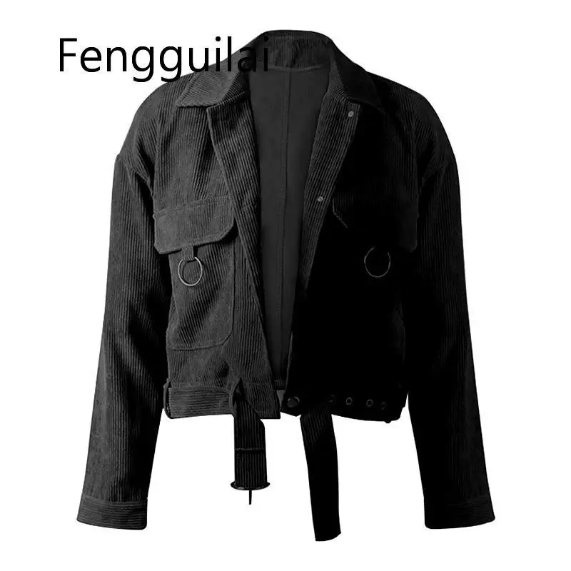 

Winter Jacket Women Corduroy Coats Outerwear Belt Decoration Long Sleeve Breasted Black Khaki Casual Female Short Jackets