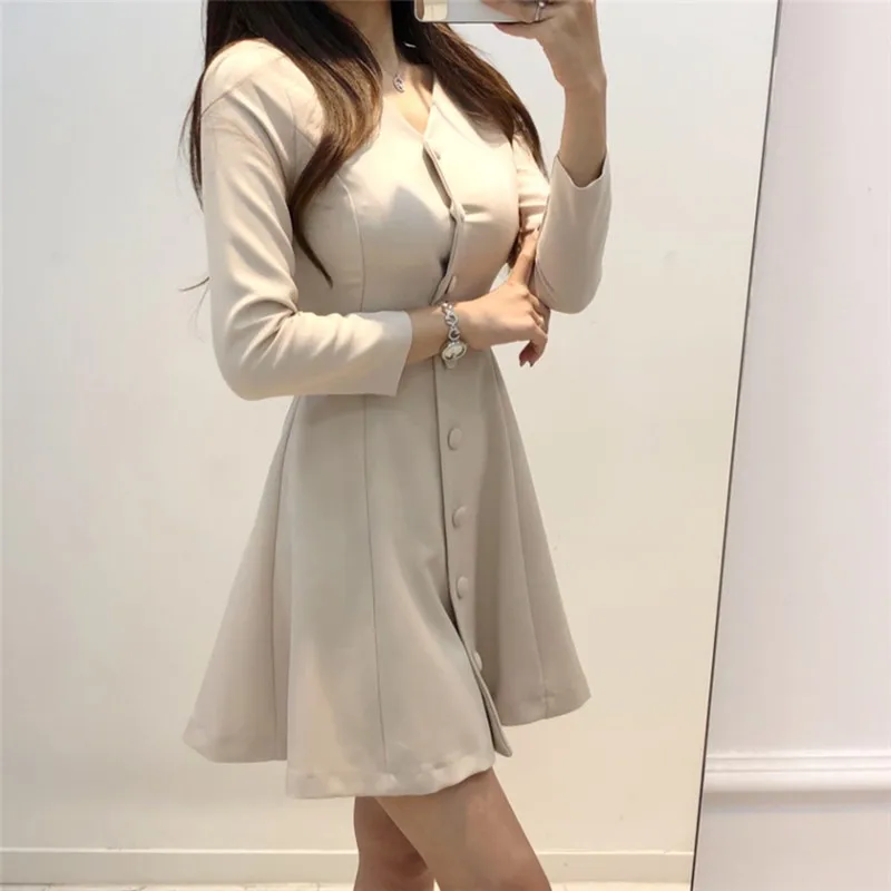 

New 2021 Spring Women Dresses Solid Multi Colors V-neck High Waist Elegant Single Breasted Casual Slim Dress Sundress