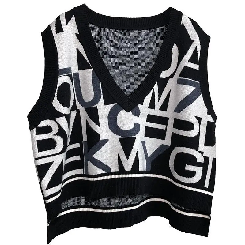 

Women 2021 Fashion Oversized Letter Printing Knitted Vest Sweater Vintage V Neck Sleeveless Side Vest Female Waistcoat Chic Tops