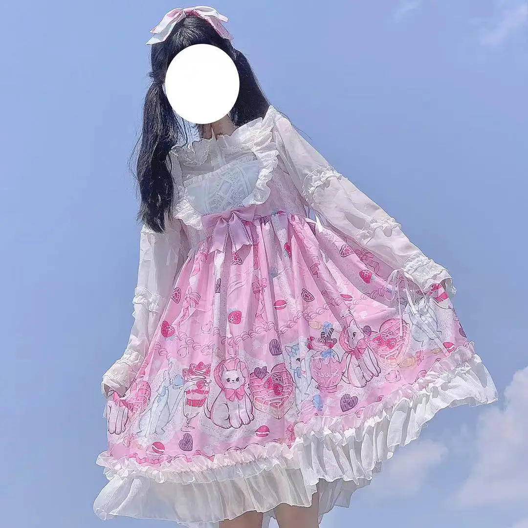 

Kawaii Lolita JSK Sweetheart Meow Meow Print Lolita Dress Sweet Cute Sling Summer Dress Daily Tea Party loli cos