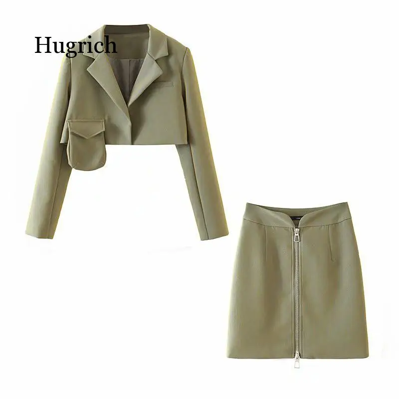 

Ins Loose Solid Color Pocket Stitching Short Blazer + High Waist Front Zipper Hip Pack Casual Suit for Women