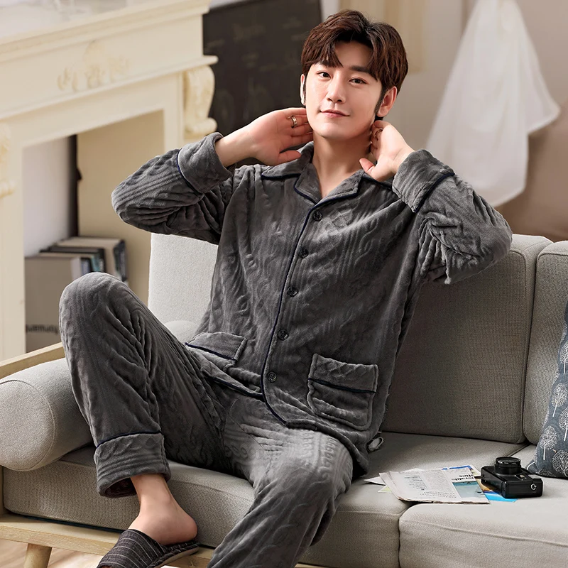 New autumn and winter thickened flannel men's pajamas warm and comfortable cardigan simple leisure home wear set