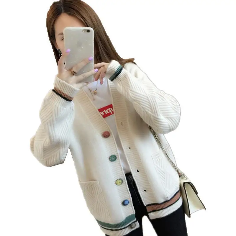 

2020 Students Sweater Coat Loose V-neck Long Sleeve Knit Cardigan Women Plus Size Knitwear Female Casual Jacket