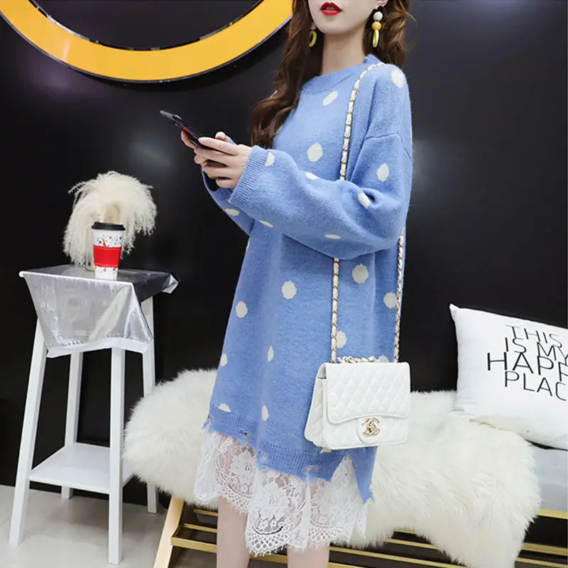 Женское трикотажное платье-свитер прямое платье средней длины в горошек