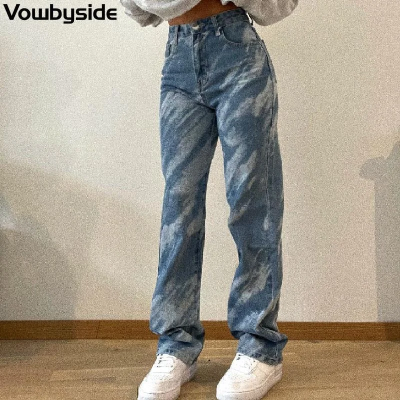 

Women's Jeans Tie Dye Casual Pants High Waist Straight Denim Trousers