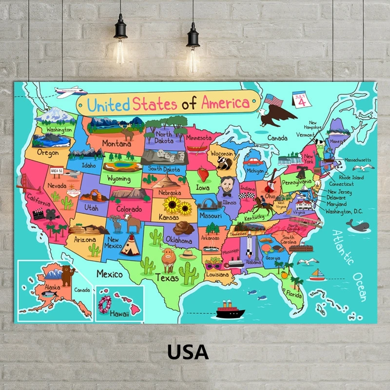1 шт. рисунок из мультфильма карта Америки иллюстрация настенная живопись