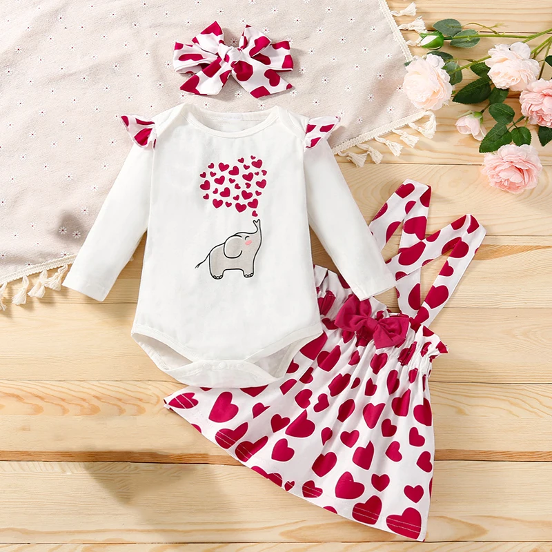 

2022 Spring Autumn White Long Sleeve Cartoon Pattern Romper+Strap Dress 2Pcs Baby Girl Clothes Toddler Clothes Set
