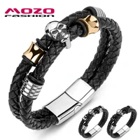 mens bracelet braided leather rope chain stainless steel skull male punk bangle skeleton jewelry
