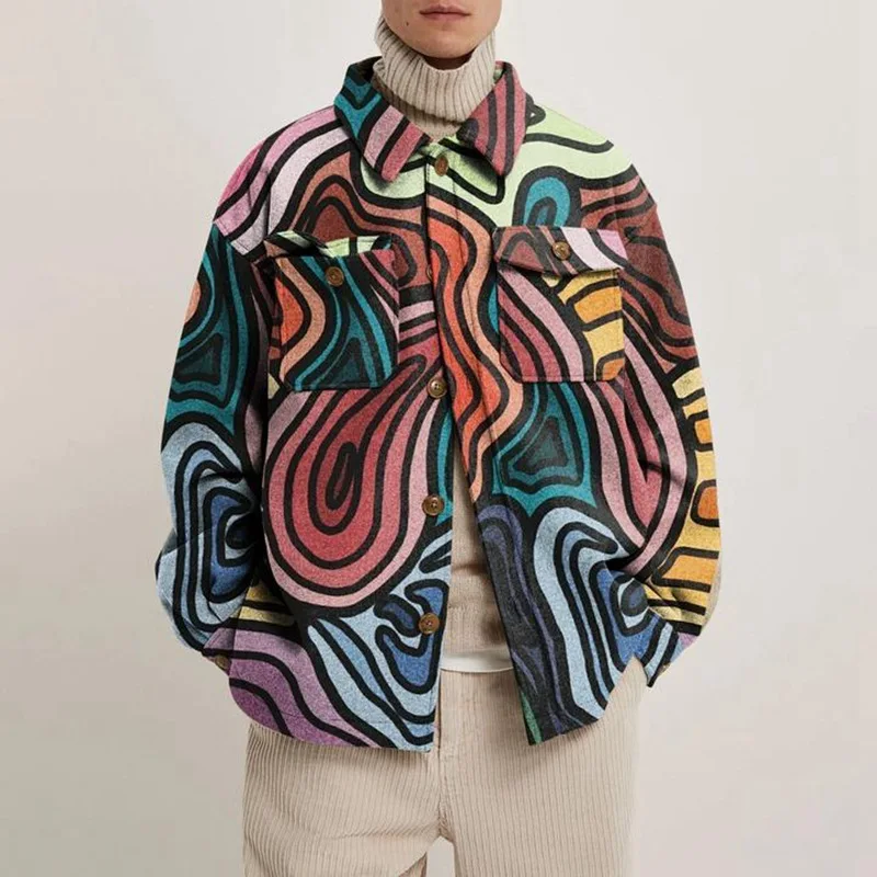 

Autumn Winter Hipster Men's Turn-Down Collar Buttoned Jacket Fashion Abstract Print Loose Coats Men New Casual Streetwear Muier