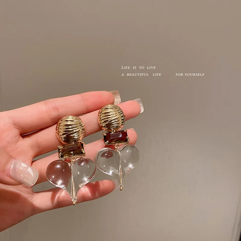 

925 Silver Needle Japan And South Korea Ins Style Minority Diamond Inlaid Acrylic Transparent Love Earrings Female