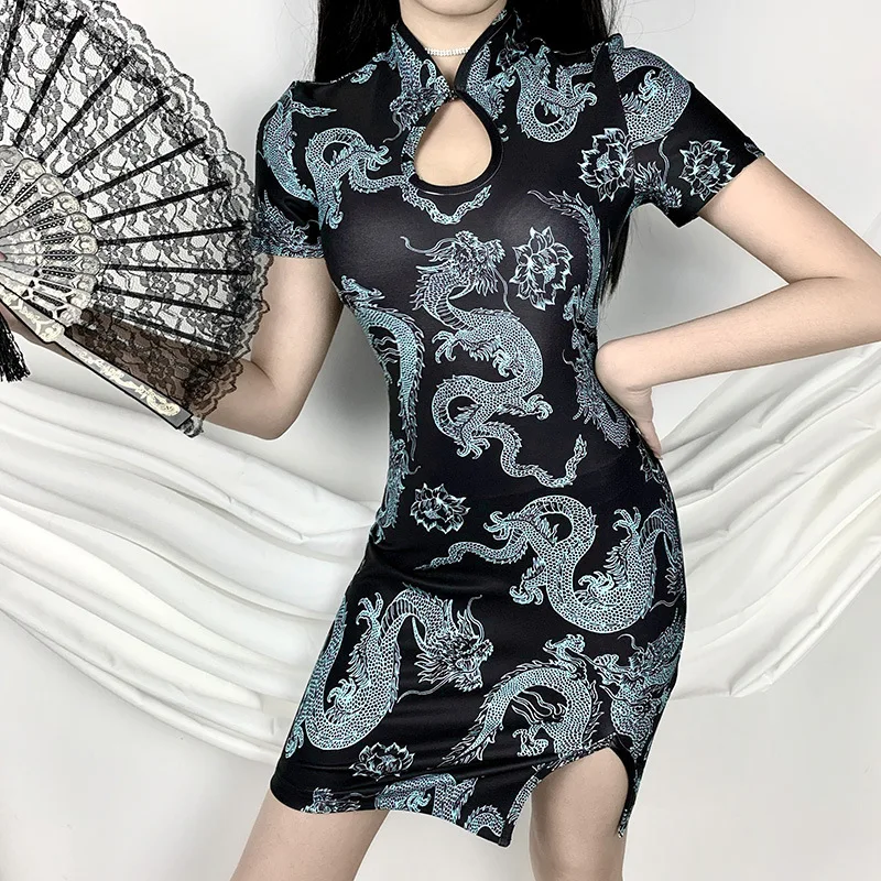 Стильное женское винтажное платье Ципао с принтом дракона лето 2020 облегающее