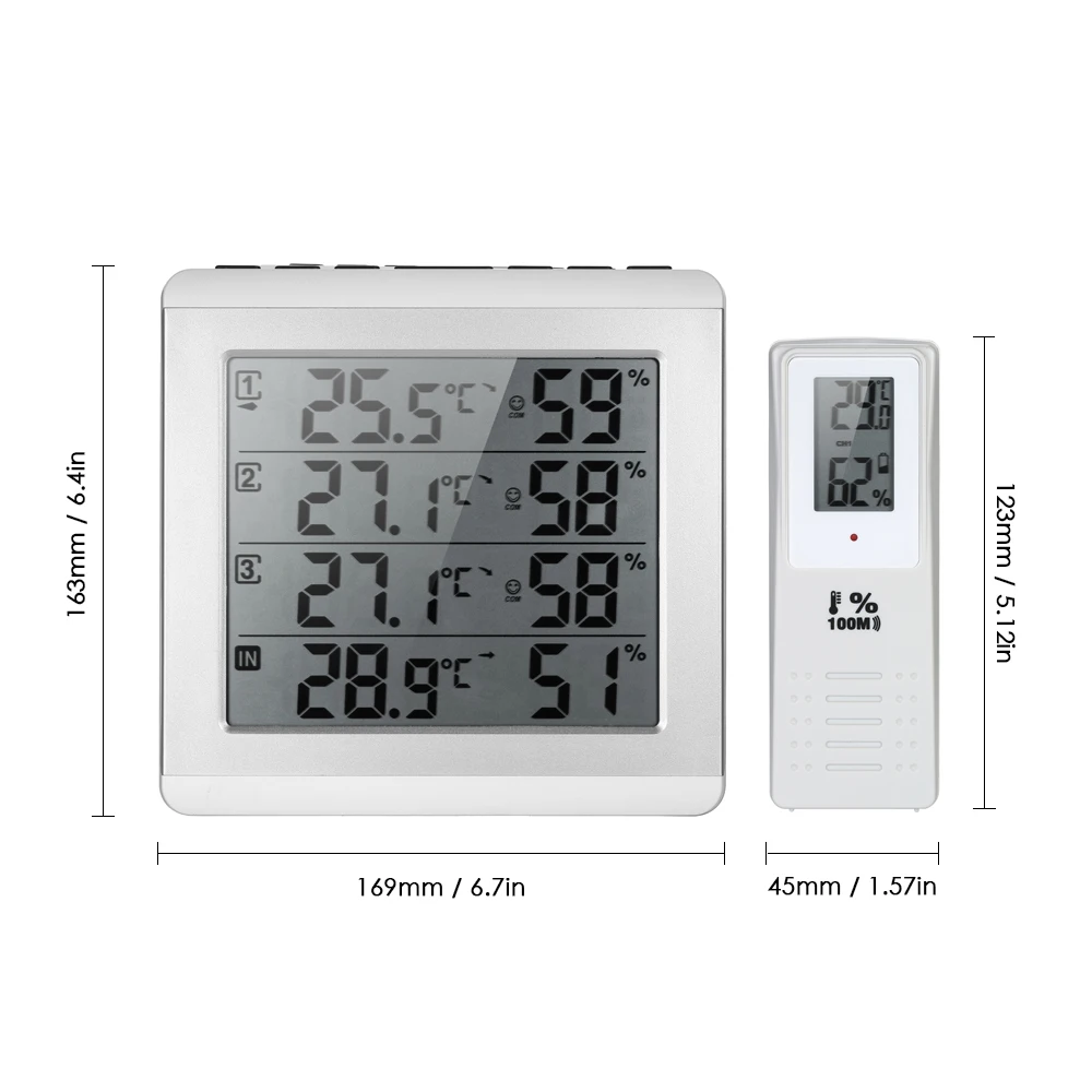

LCD Digital Wireless Indoor/Outdoor Thermometer Hygrometer Four-channel Temperature Humidity Meter with 3 Portable Transmitter