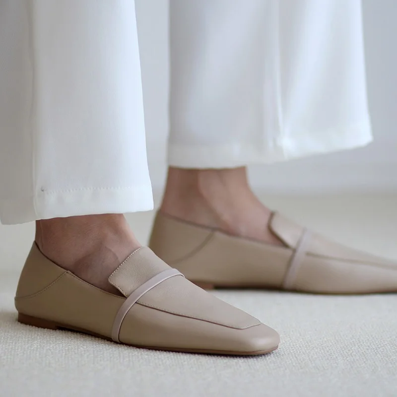 MEZEREON Cow Leather Square Toe Women Flats Casual Loafers Women Shoe Without Heel Spring Autumn Mules Woman Simple Shoes 2022