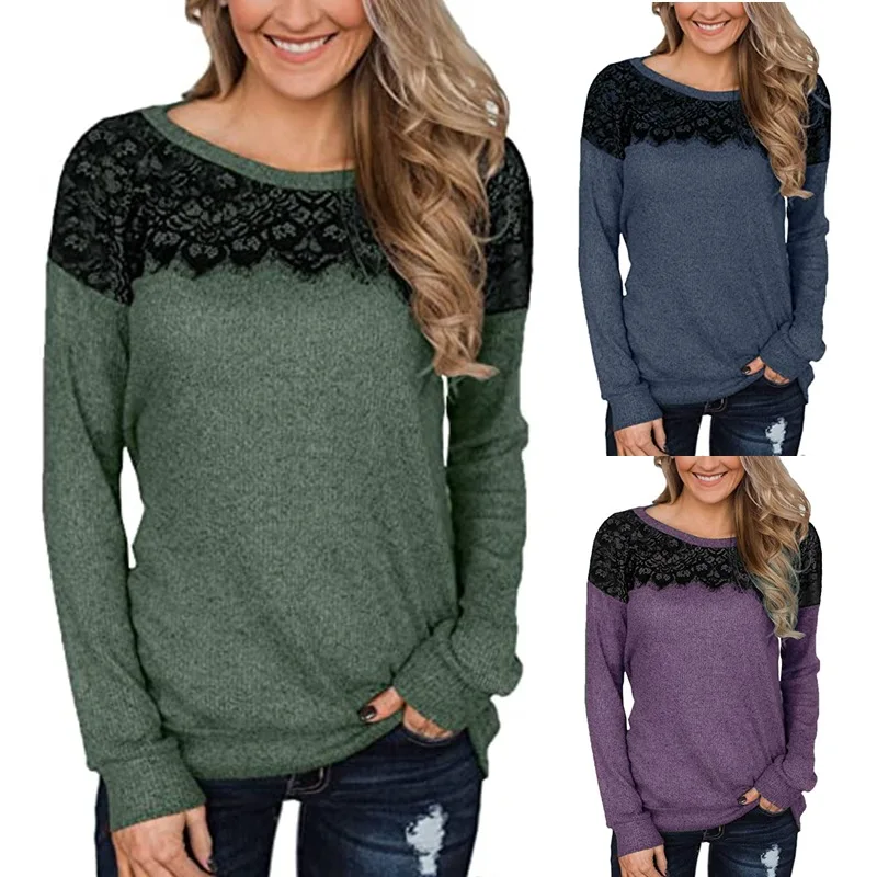 

Женская Однотонная футболка с длинным рукавом, с кружевом