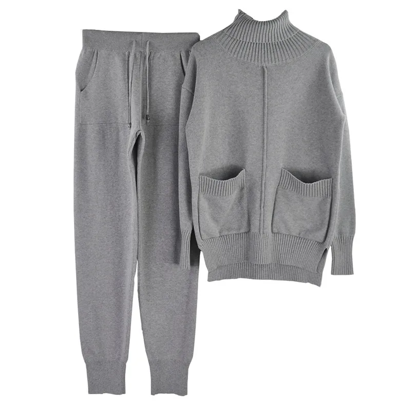 Light Grey MVGIRLRU для женщин осень вязаный комплект из двух предметов средней длины на подкладке с разрезом карманы свитер+ брюки костюмы - Цвет: Light Grey