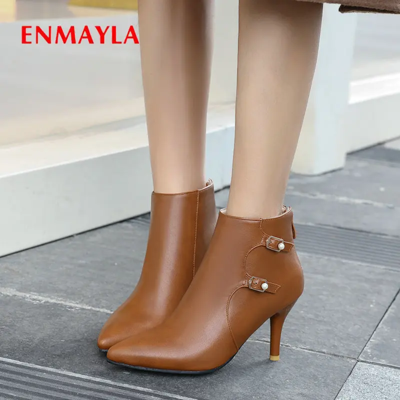 

ENMAYLA 2019 базовые сексуальные женские туфли на тонком каблуке с острым носком Короткие плюшевые зимние ботинки из искусственной кожи женские ...
