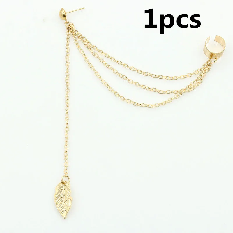 1pcs Gold 1/2 шт, специальный дизайн, панк-рок, однолистная цепочка с кисточками, висячие серьги-манжеты, 2 цвета, для женщин, девочек, ювелирное изделие, подарок - Окраска металла: 1pcs Gold