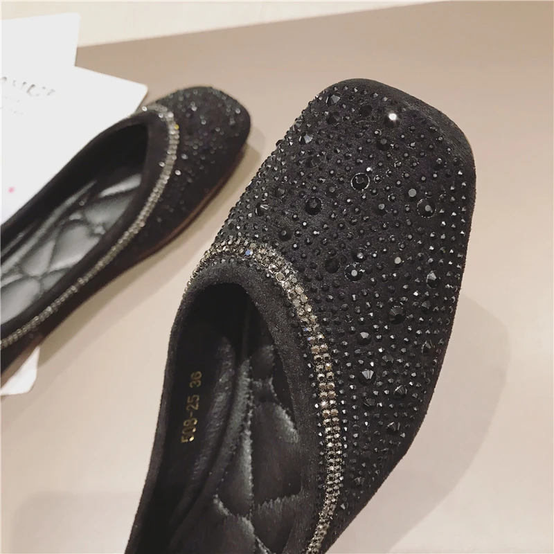 Балетки женские с пайетками холщовые туфли на плоской подошве квадратный носок