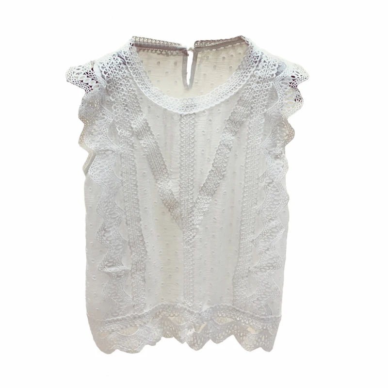 Женская шифоновая блузка без рукавов белая кружевная со стандартным воротником