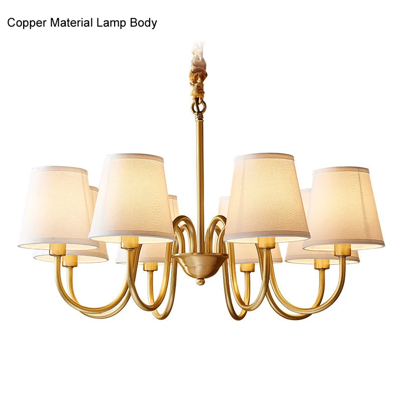

American Style Copper Chandelier Brass 6 Arm Pendant lights bedroom lamp retro Fabric Shade living room Hotel chandelier D34