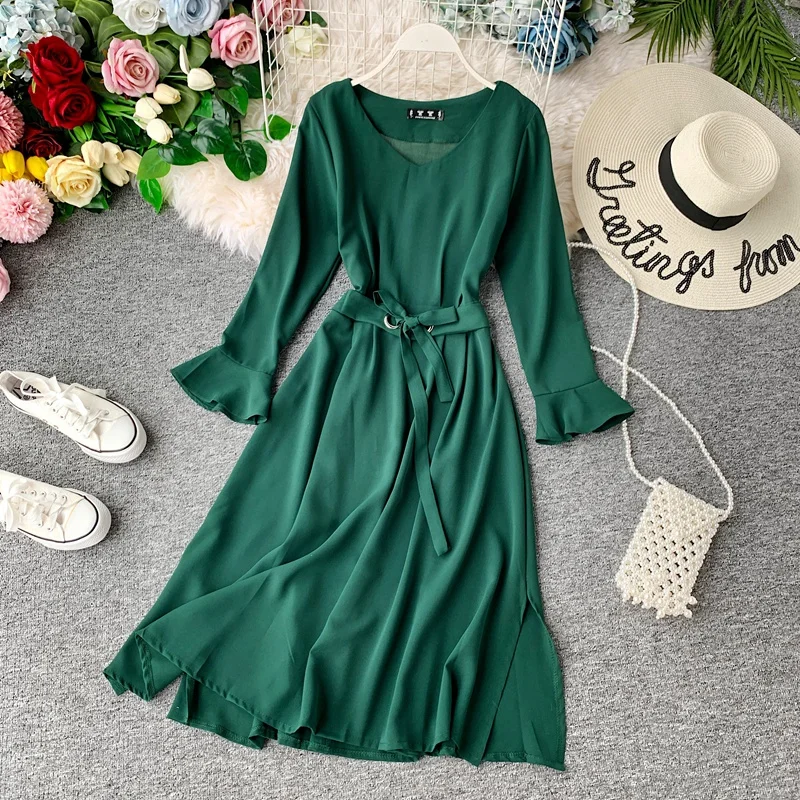 ALPHALMODA A-line Long-sleeved Autumn Dress New Women Side-slit Belted Sashes Tie Solid Casual Chiffon | Женская одежда