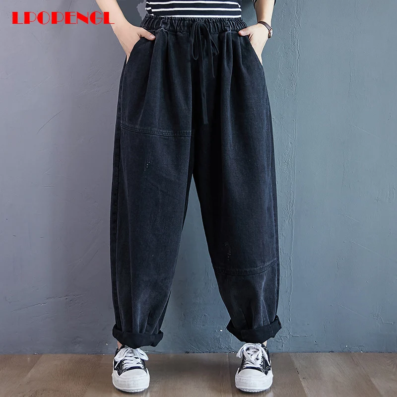 

Spring And Summer Ladies Retro High-waisted Harlan Jeans Drawstring 2021 New Casual Loose Pants Big Pocket Street Style