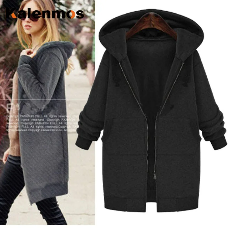 Большие размеры Long длинные зимние толстовки для женщин с карманами на молнии