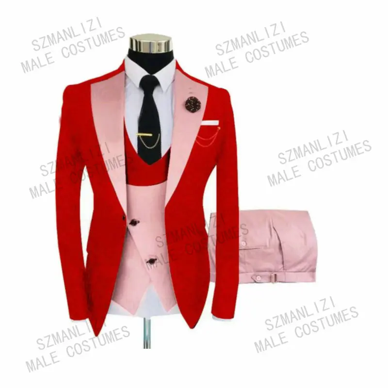 

Красивый красный пиджак, мужской свадебный смокинг для жениха, костюмы из 3 предметов, приталенный розовый двубортный жилет и брюки, мужской модный костюм