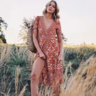 Женское пляжное платье с цветочным принтом, V-образным вырезом и коротким рукавом