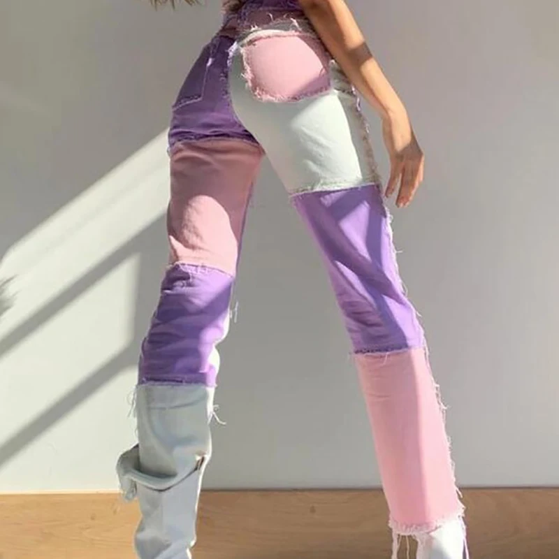

Autumn Fashion Women’s Pants Colorblock Raw Hem Jeans Y2k Baggy Woman High Waist Streetwear Clothing Denim Trousers