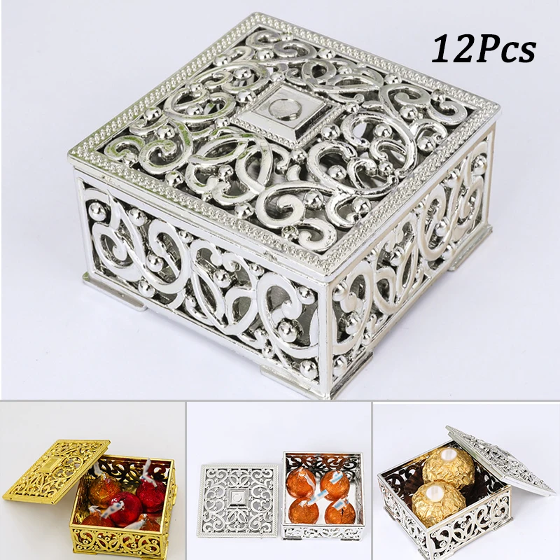 

12pcs Gold Silver Gift Boxes Bags Creative Plastic Hollow Square Mini Candy Box Wedding Party Christmas Home Xmas Decor Boxes