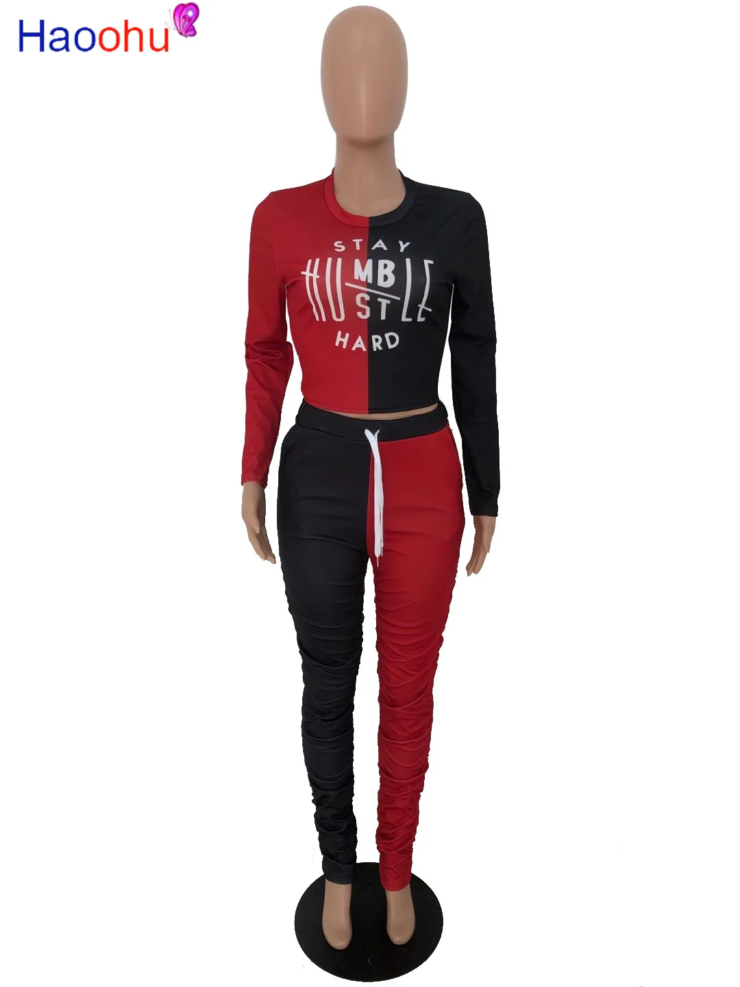 

HAOOHU letter print Crop Top Long Sleeve Patchwork Two Piece Set Women Outfits Fall Bodycon Elastic Stacked Pants Matching Set