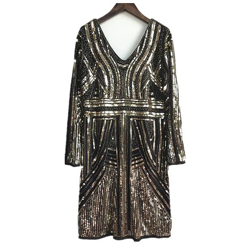 Роскошное женское платье с вышивкой и блестками длинным рукавом V-образным