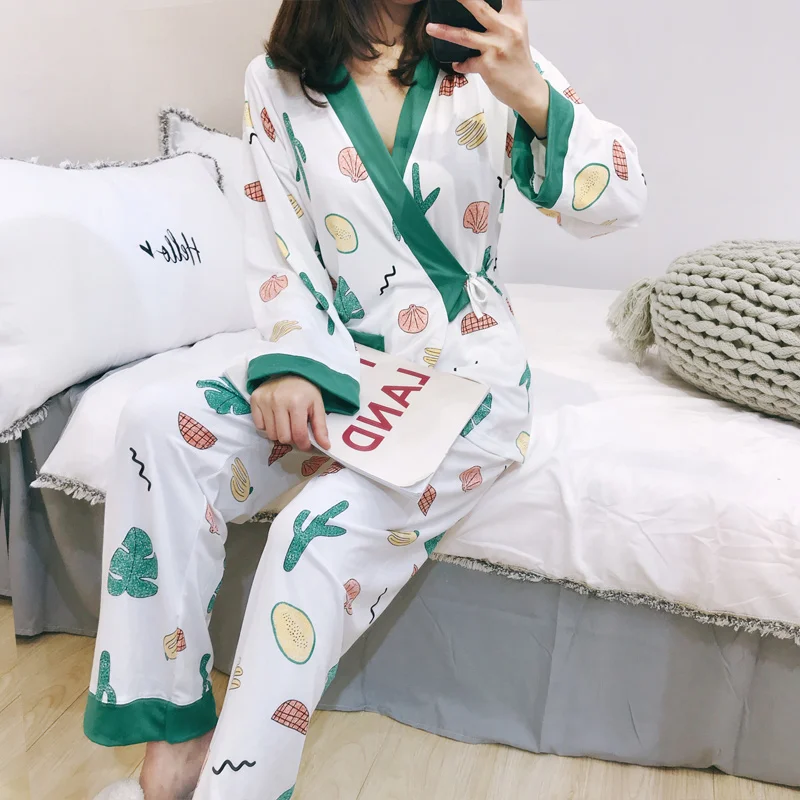 

OllyMurs Two Sets of Long-sleeved Cotton Pajamas for Pregnant Women with Tie and Nursing Suit