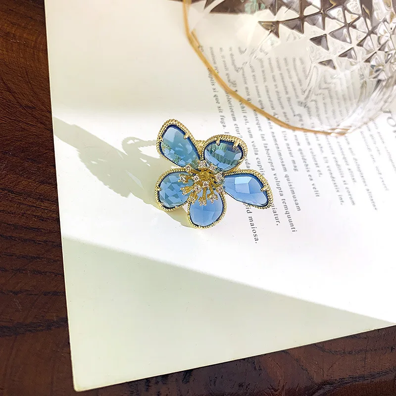 RAKOL New Arrival Big Crystal Gold Color Open Rings Leaf Flower Adjustable for Women Wedding Party Jewelry RRL1055 | Украшения и