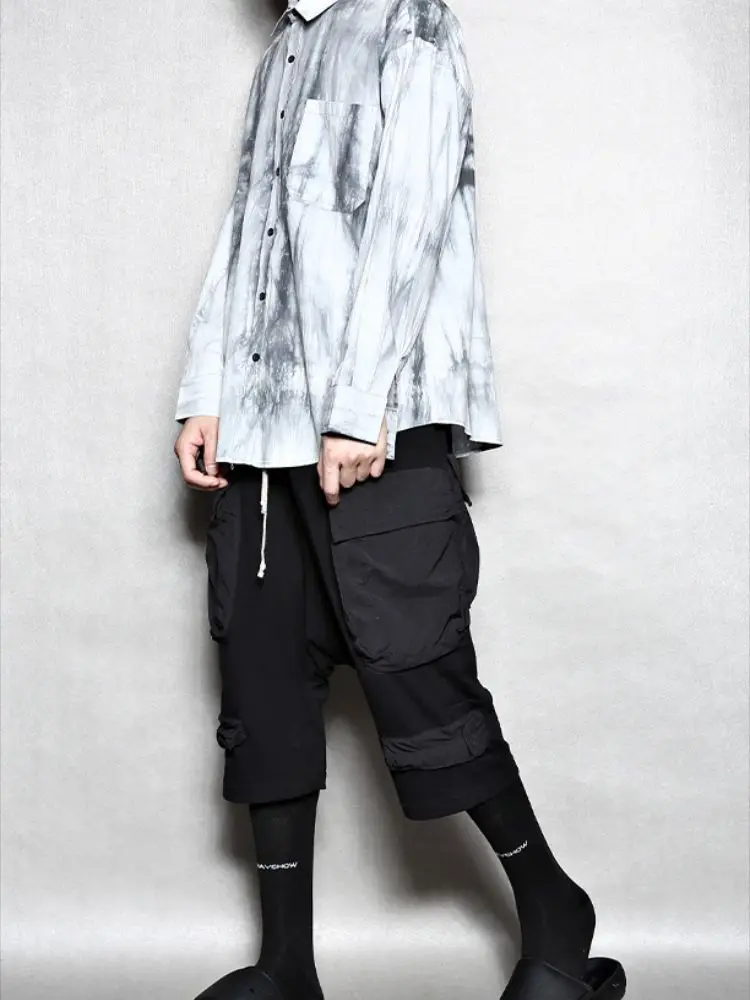 Men's Low Crotch Harun Pants Spring And Autumn New Solid Color Stretch Waist Multi-Pocket Personality Tapered Pants Shorts