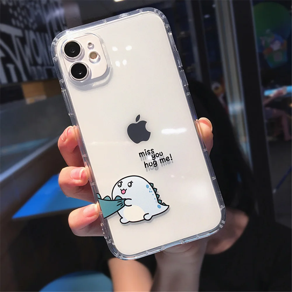 

PUNQZY Phone Case For iPhone 12 11Pro X XR XS Max 7 8 Plus SE 2020 Fashion Cute Lovely Dinosaur Soft Transparent TPU Couple Case