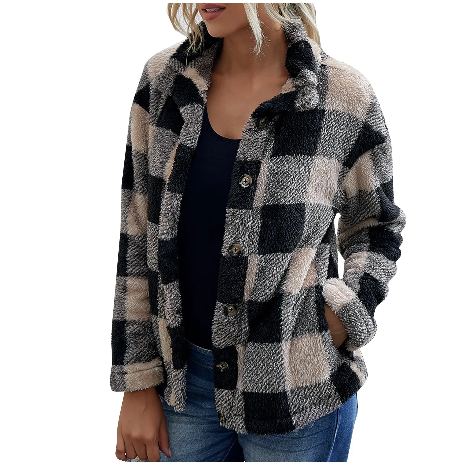 

2020 New Fashion Winter Women Warm Plaid Stand Collar Pocket Plush Jacket Casual High Quality Warm Overcoat Fashion Long Coats