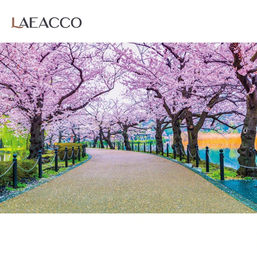 Laeacco розовый цветок фон для фотосъемки дорога дерево озеро парк пейзаж ребенок